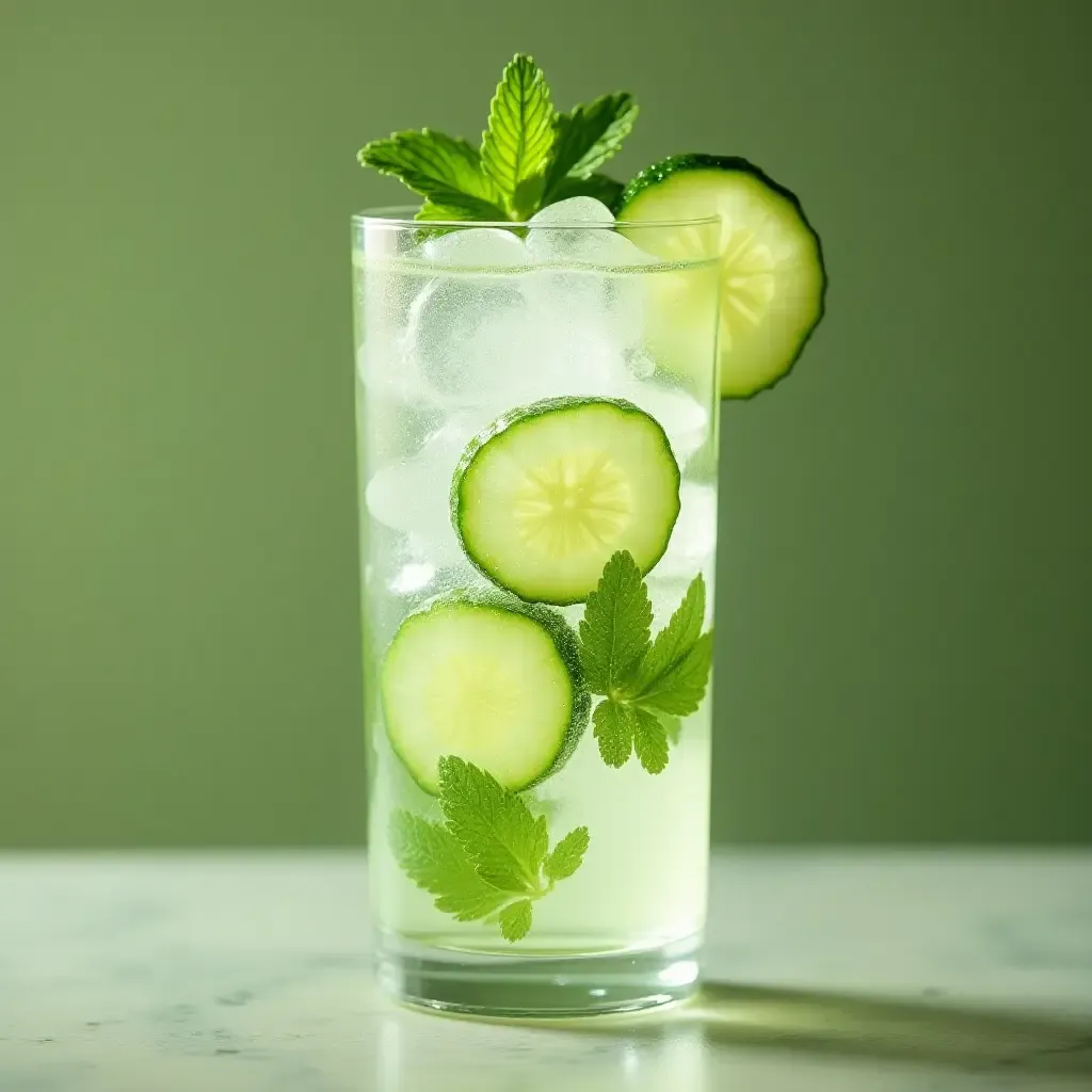 a photo of a sparkling glass of agua de pepino with cucumber slices and mint.