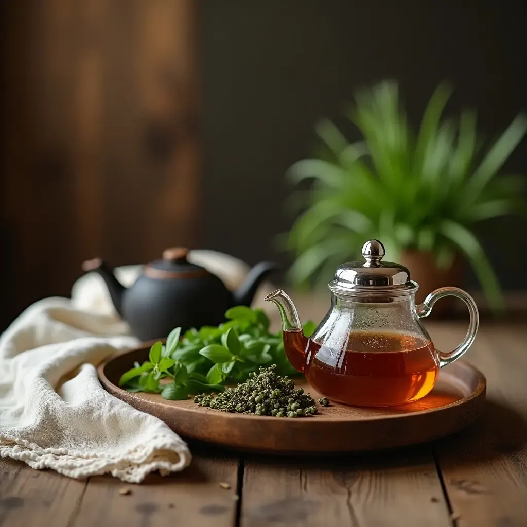 a photo of a rustic coffee table with a teapot and fresh herbs