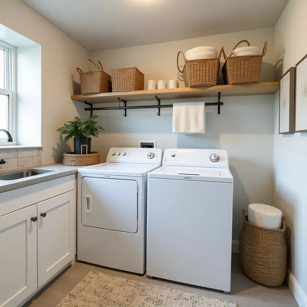 a photo of a stylish basement laundry room with organized storage and decor