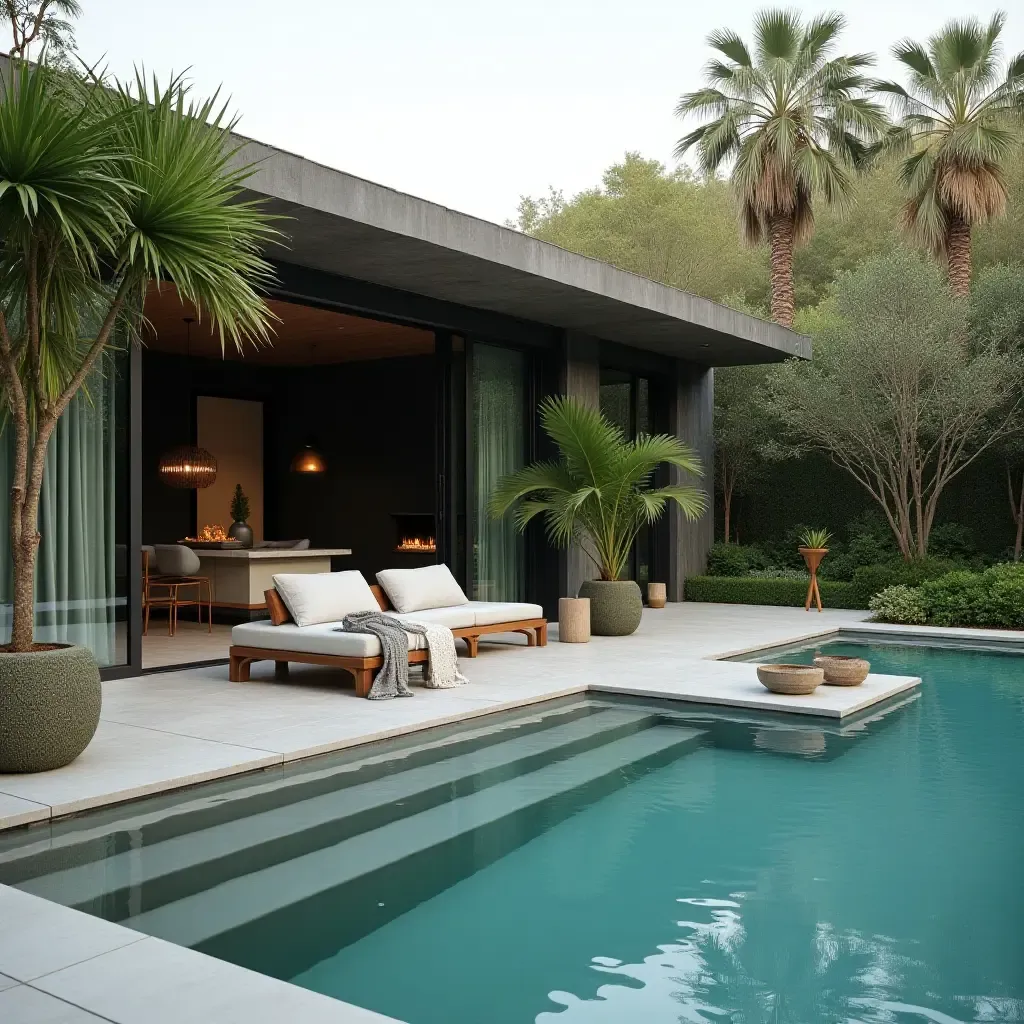 a photo of a stylish poolside lounge with a water feature and plants