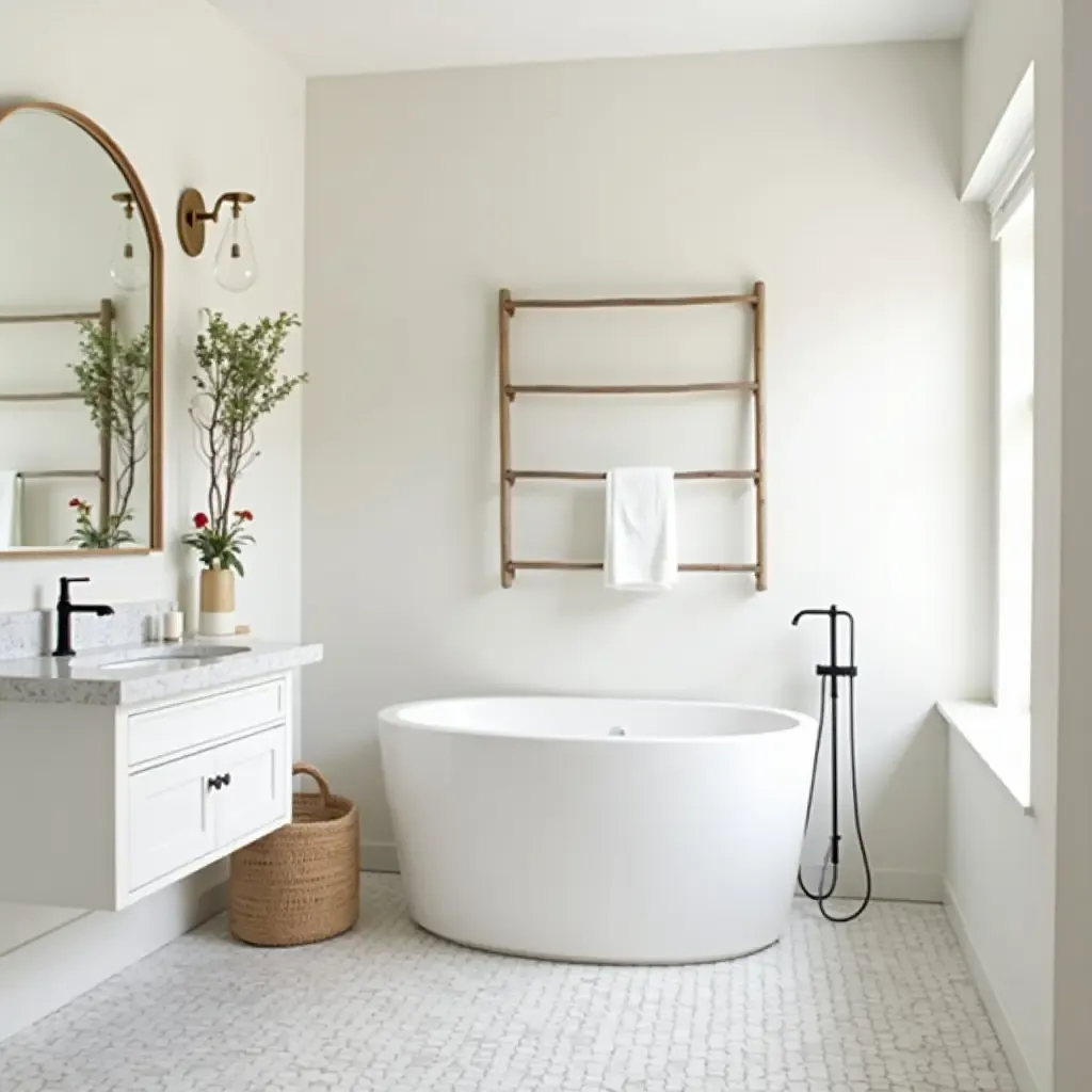 a photo of a bathroom with a chic ladder shelf and decorative accents