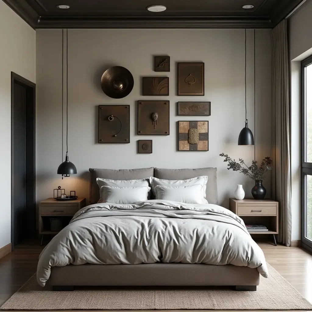 a photo of an industrial-style bedroom with a gallery wall of metal art pieces