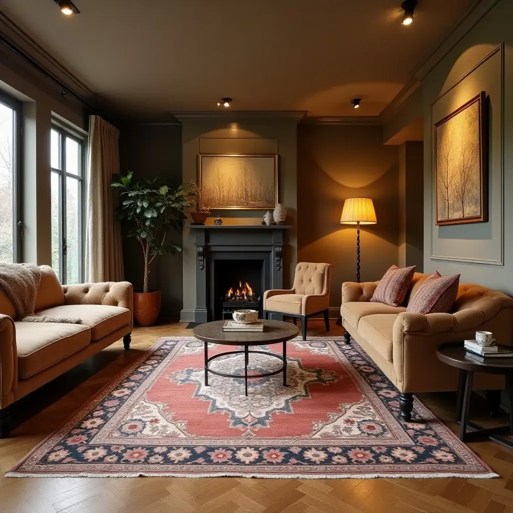 a photo of a vintage rug enhancing a basement lounge area