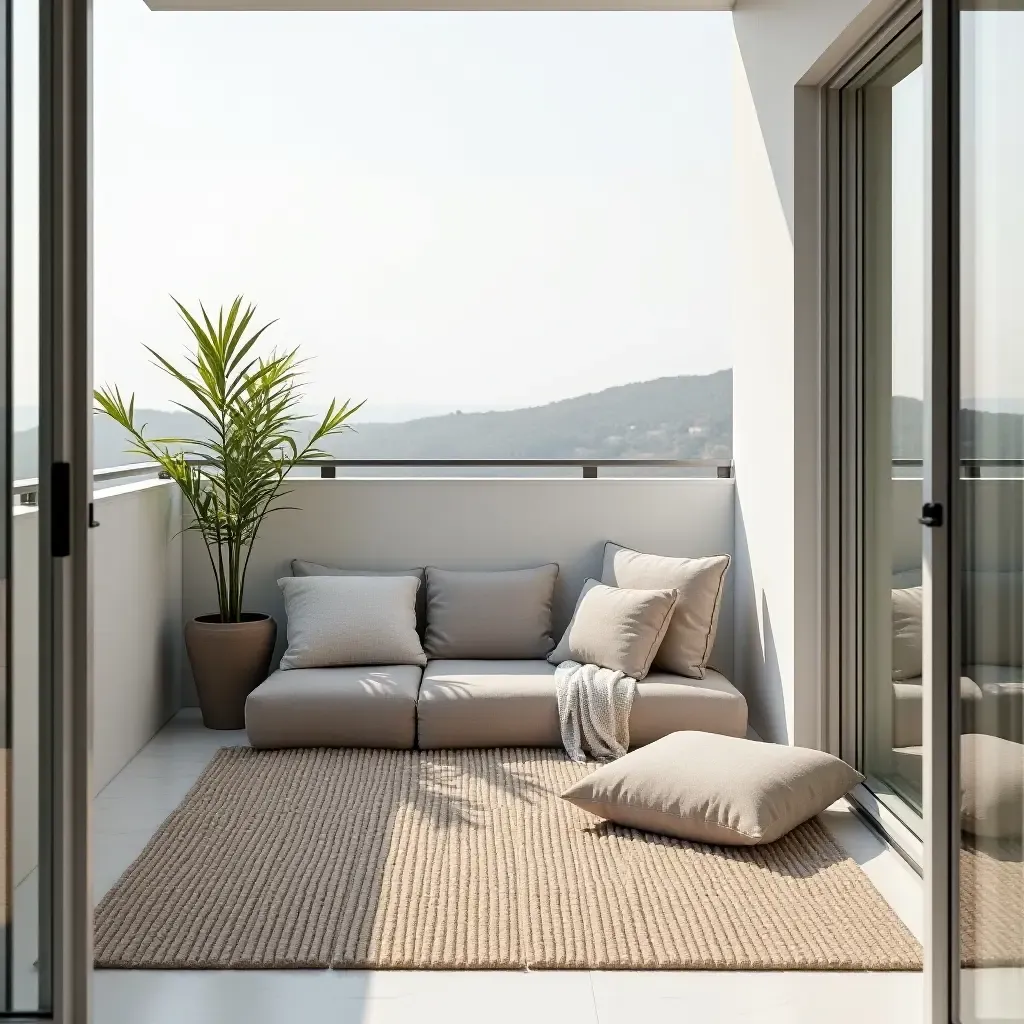 a photo of a minimalist balcony with a stylish outdoor rug and cushions