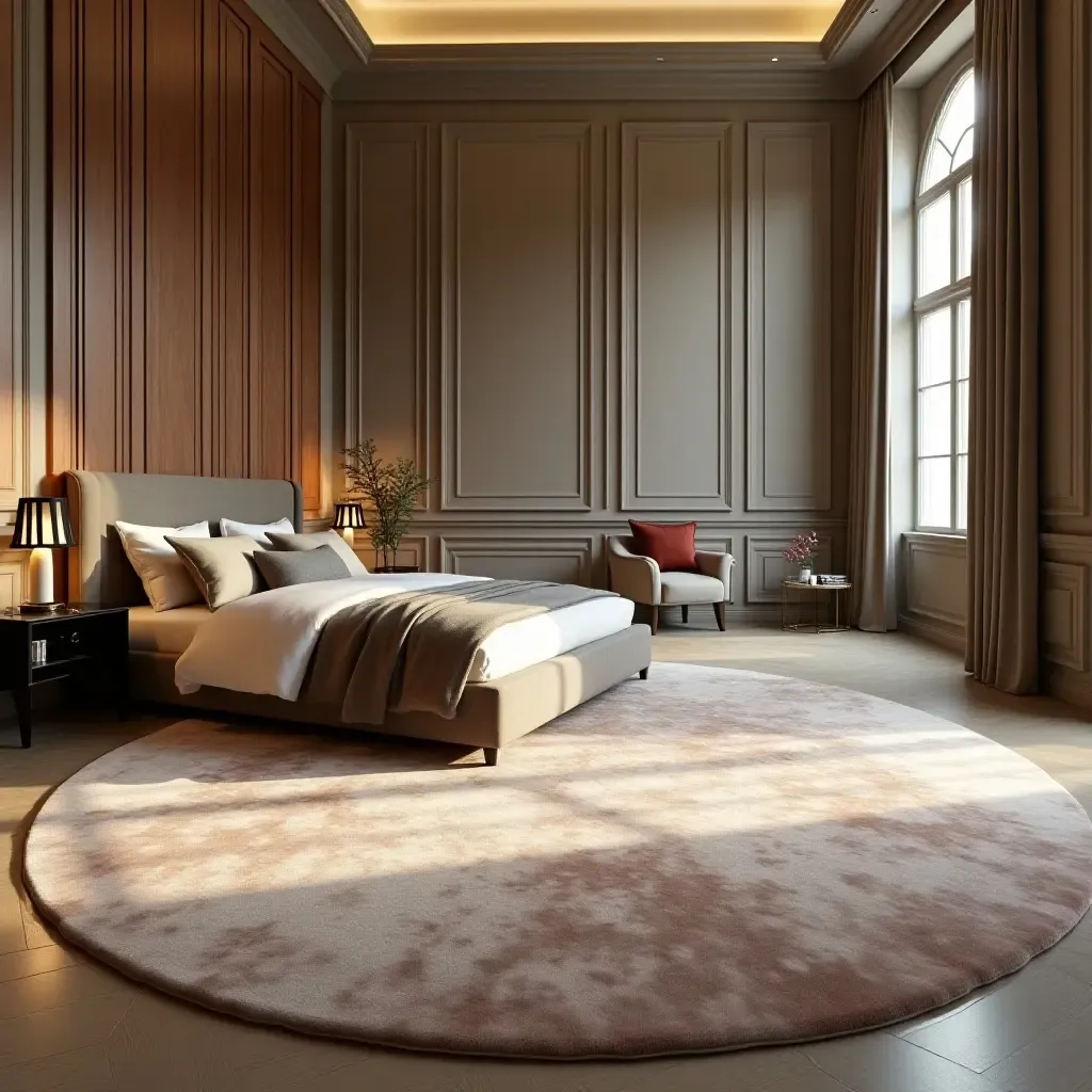 a photo of a luxurious silk rug in an elegant bedroom