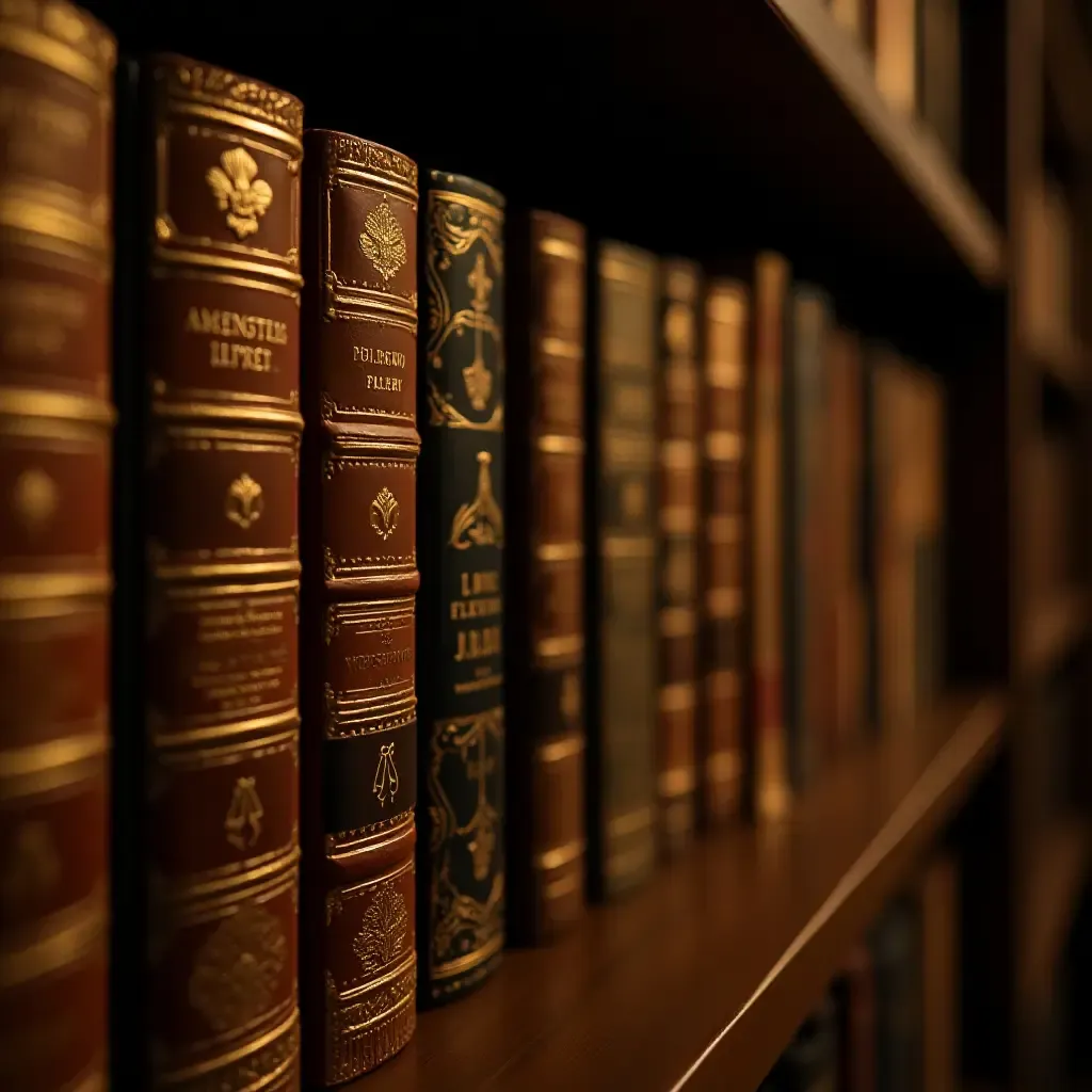 a photo of a library featuring a wall of illuminated book spines