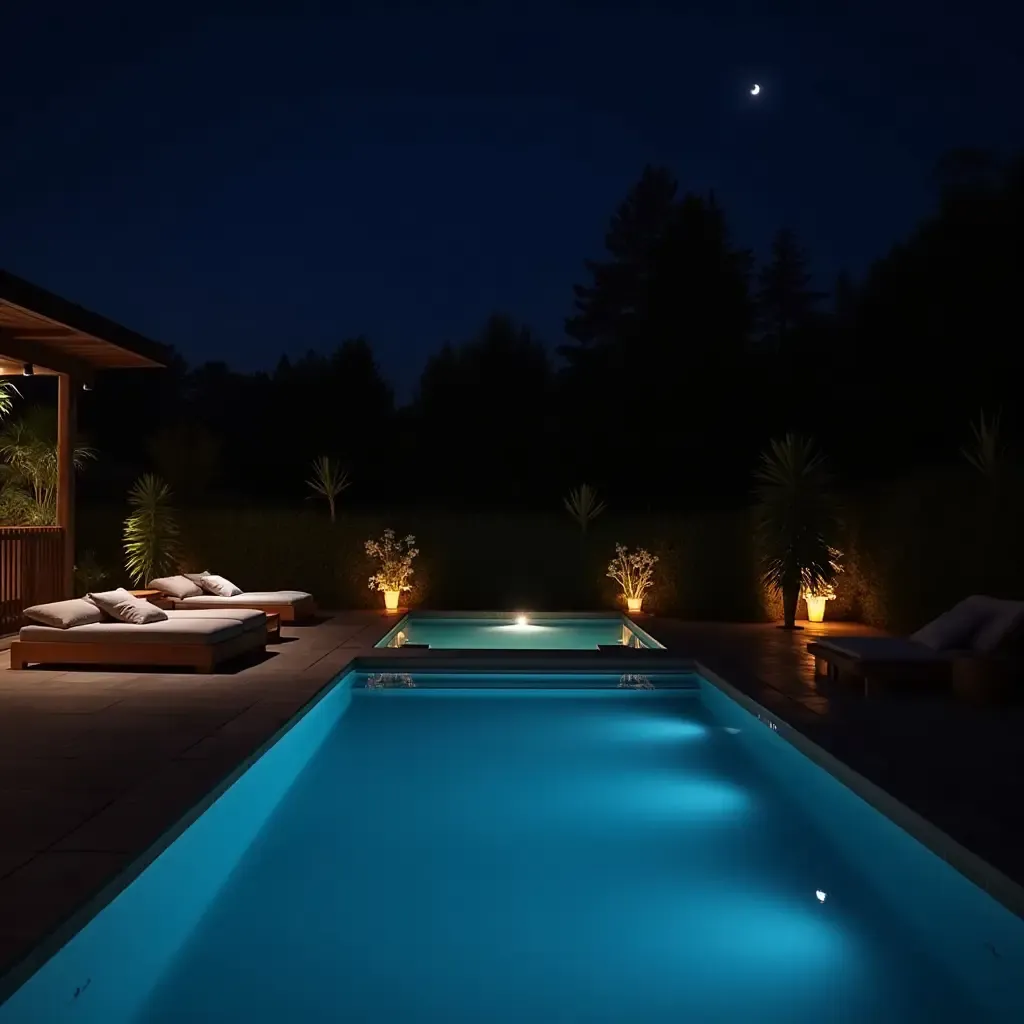 a photo of an elegant pool area with ambient lighting and chic decor