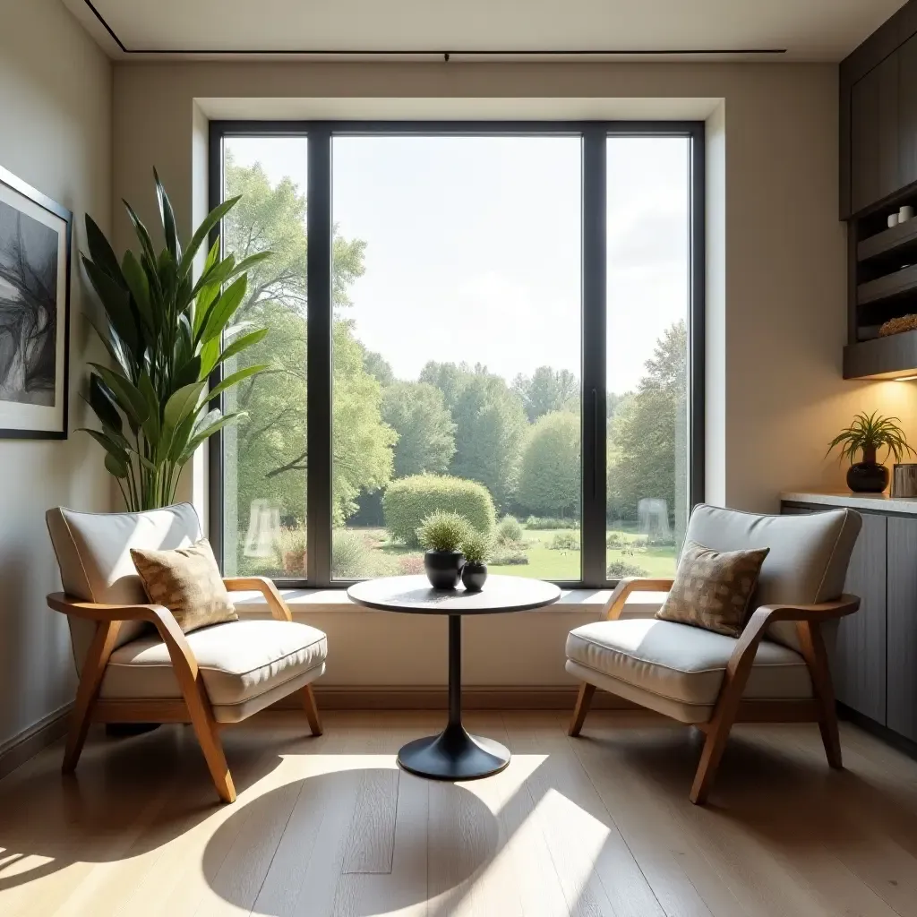 a photo of a modern breakfast nook with sleek furniture and a large window