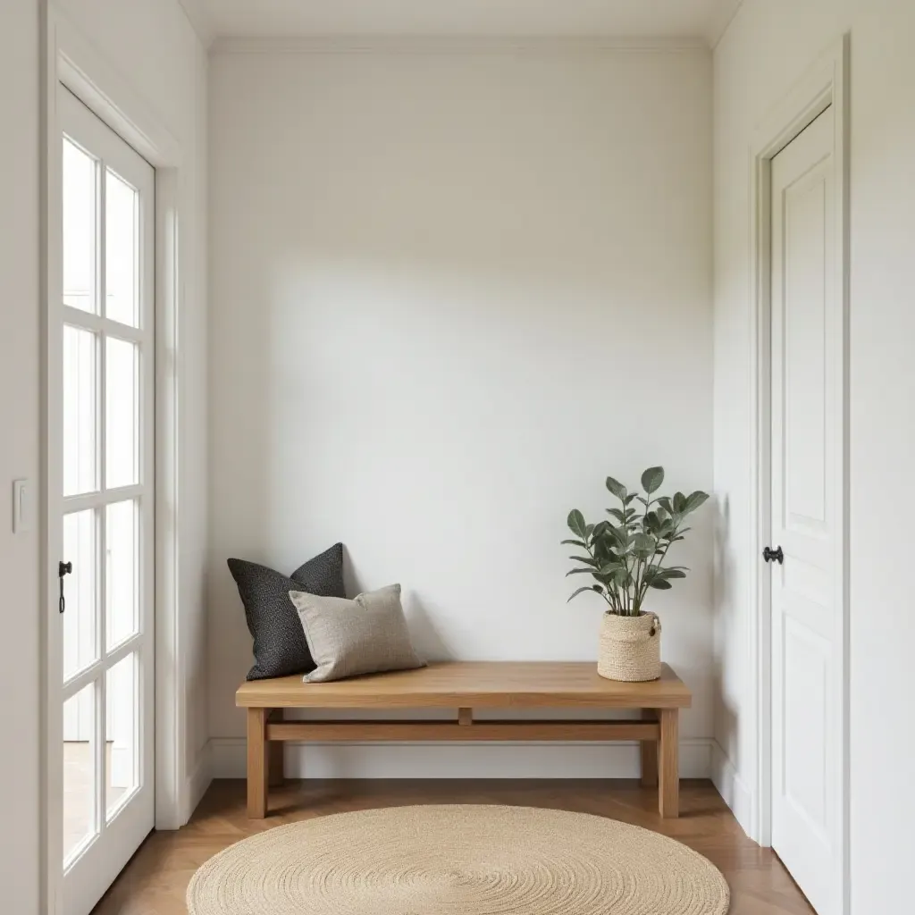 a photo of a wooden entryway bench in a corridor