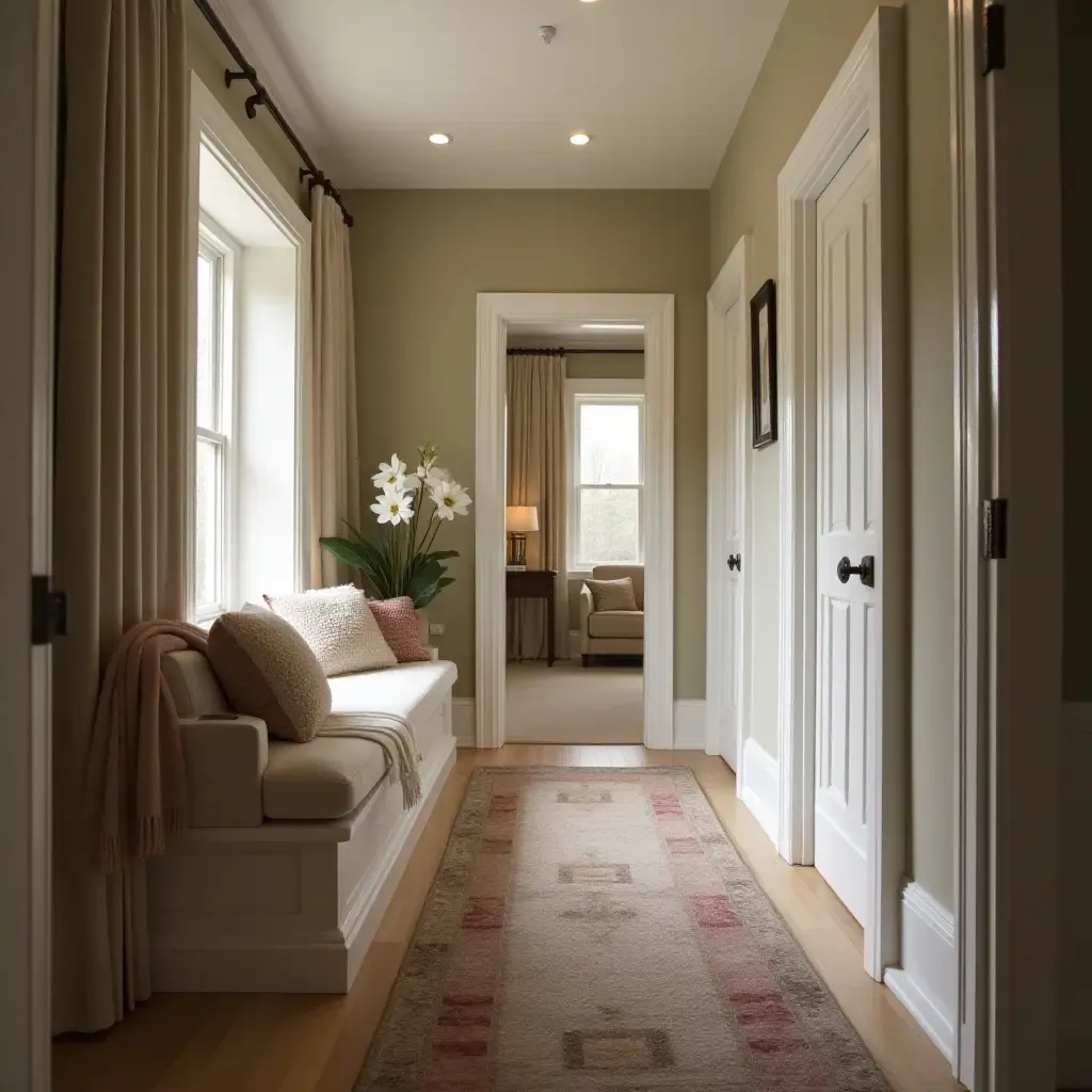 a photo of a corridor with a cozy window seat and throw blankets