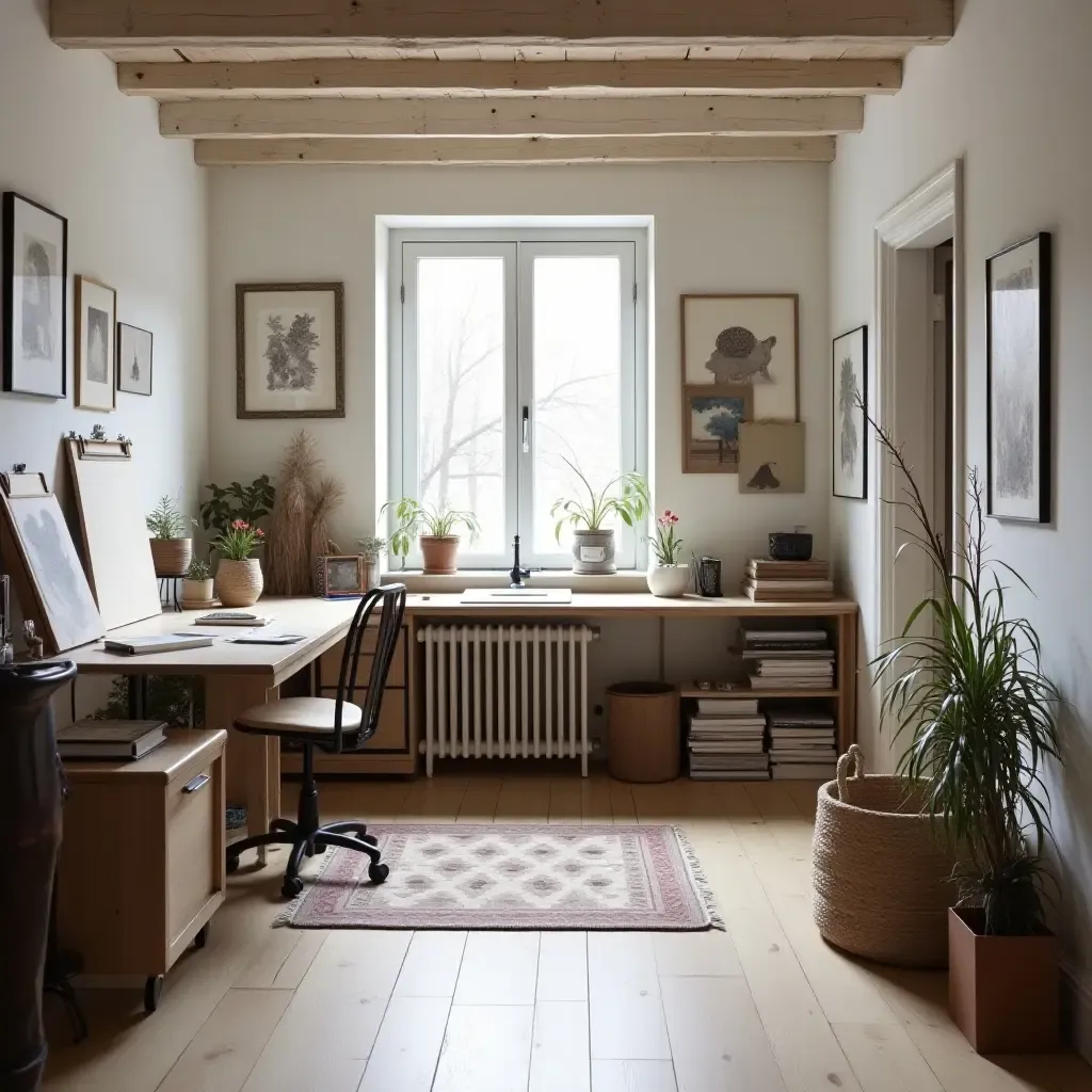 a photo of a Scandinavian-inspired basement art studio with natural light and organization