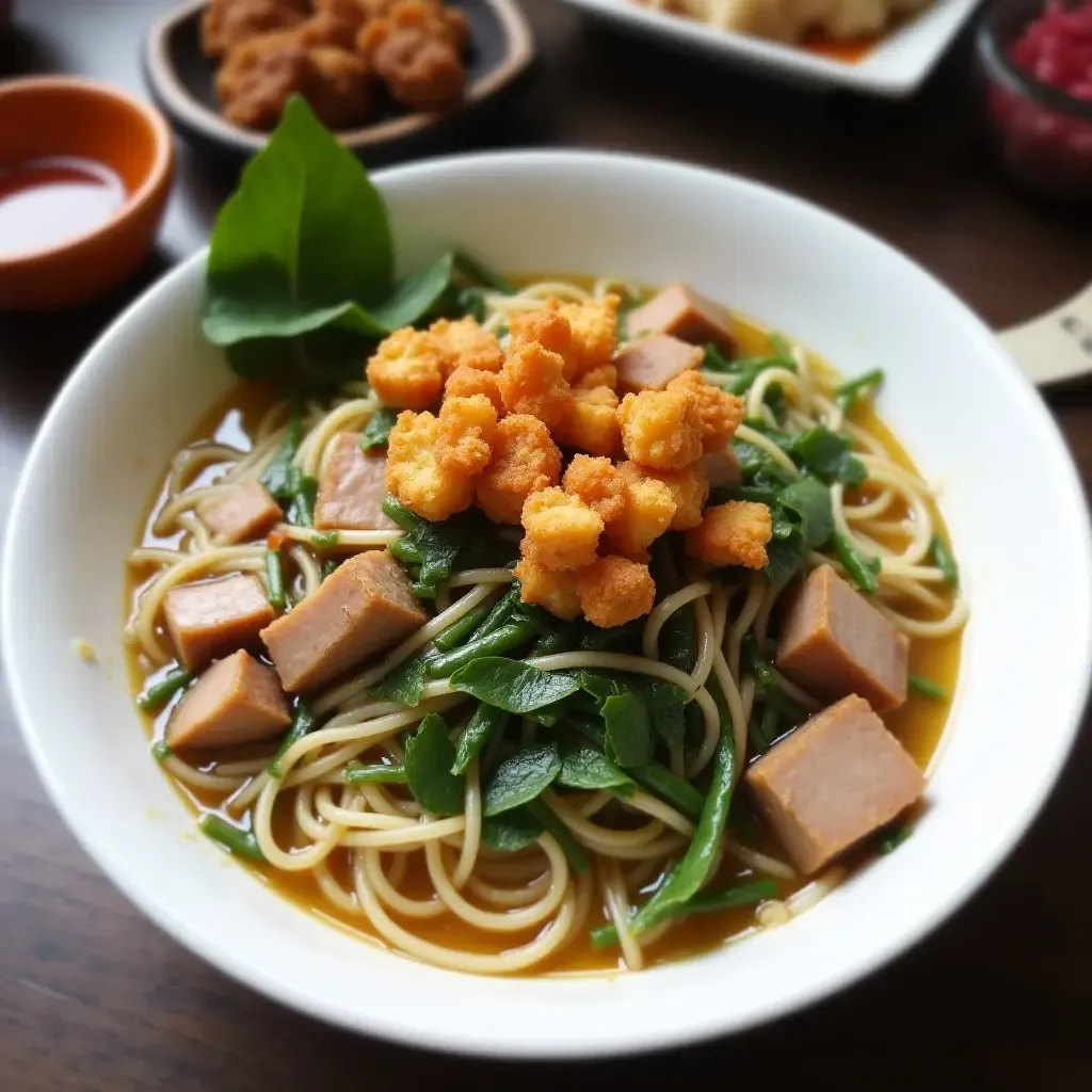 a photo of Cao Lau, Hoi An-style noodles with pork, greens, and crispy croutons.