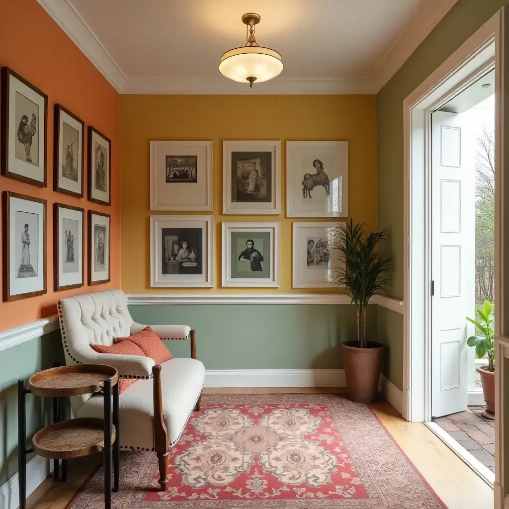 a photo of a vibrant entrance hall with a gallery wall of art and photos