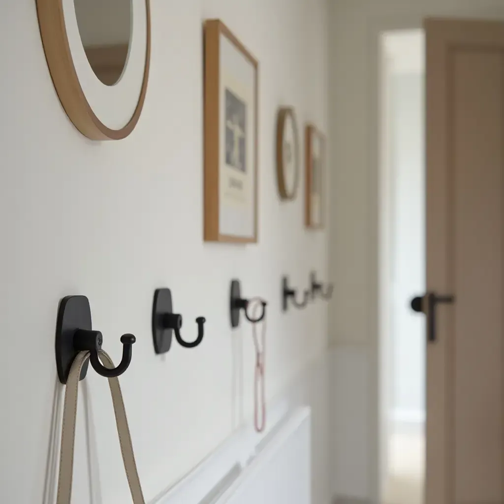 a photo of a contemporary corridor with stylish wall hooks for storage