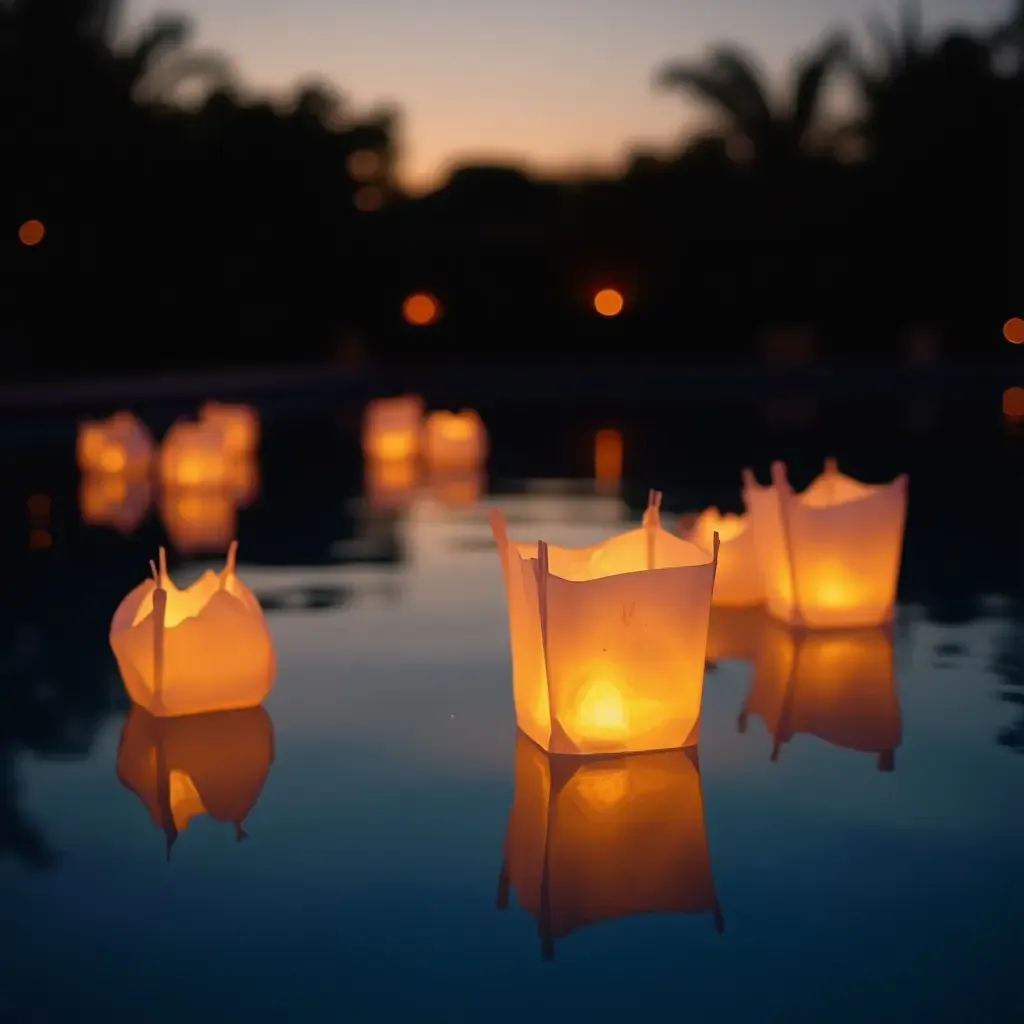 a photo of handmade floating pool lanterns at sunset