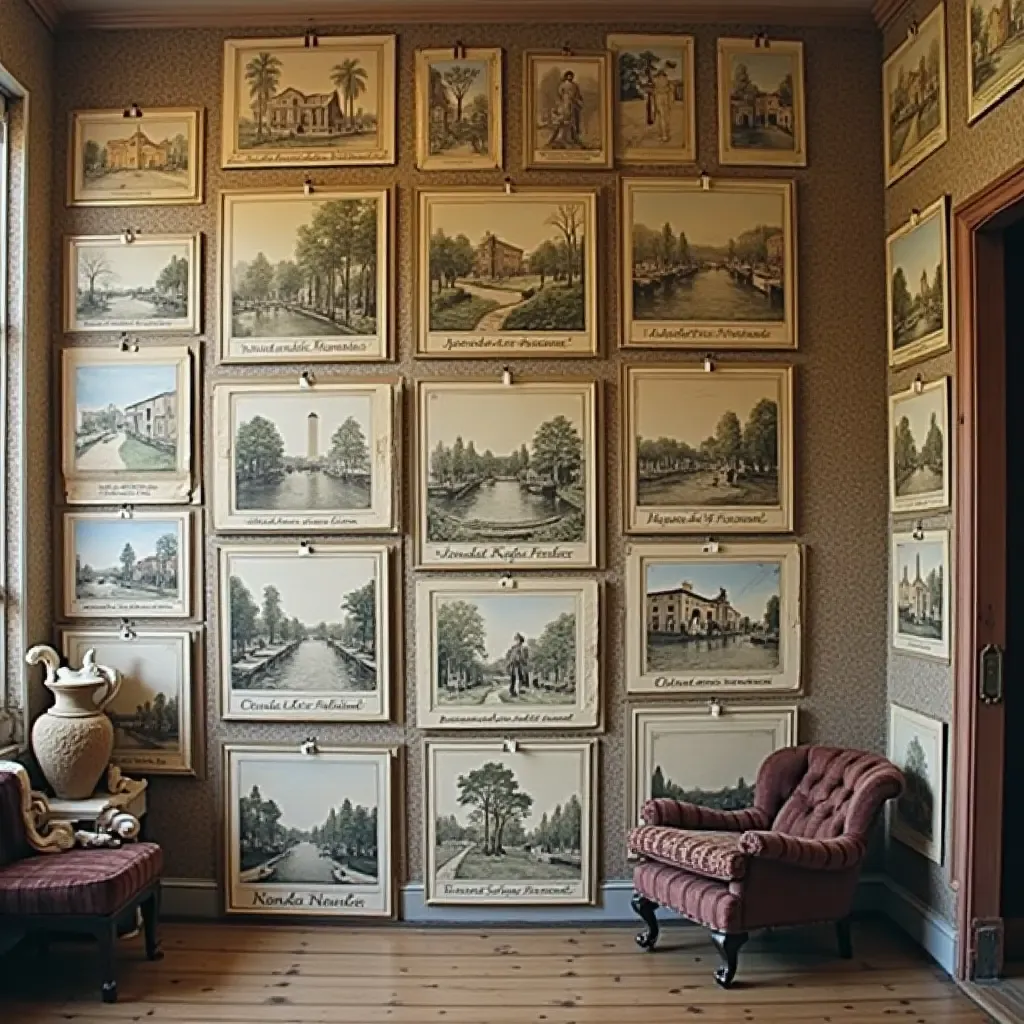 a photo of a collection of antique postcards displayed on a wall