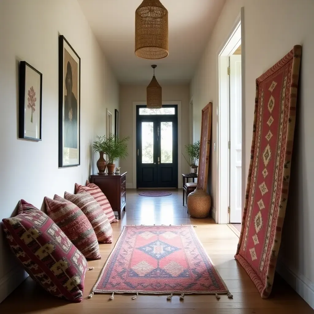 a photo of a bohemian corridor decorated with eclectic throw pillows