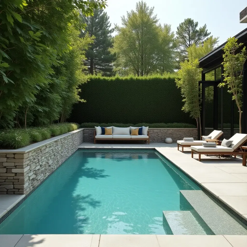 a photo of a small pool area featuring built-in benches