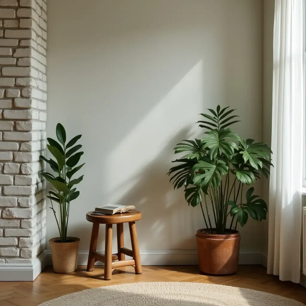 a photo of a cozy nook with a vintage stool and plants