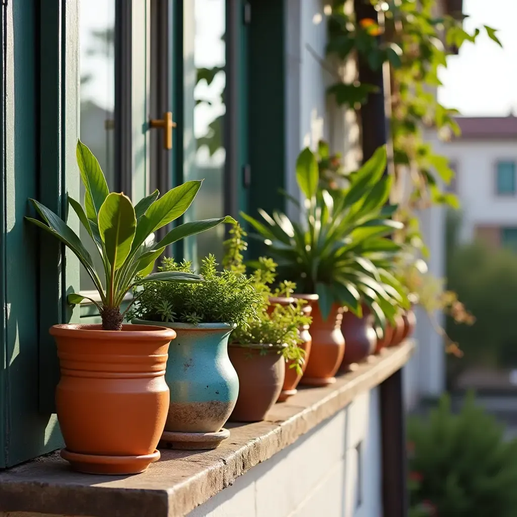 a photo of a balcony showcasing a collection of vibrant ceramic pots and plants