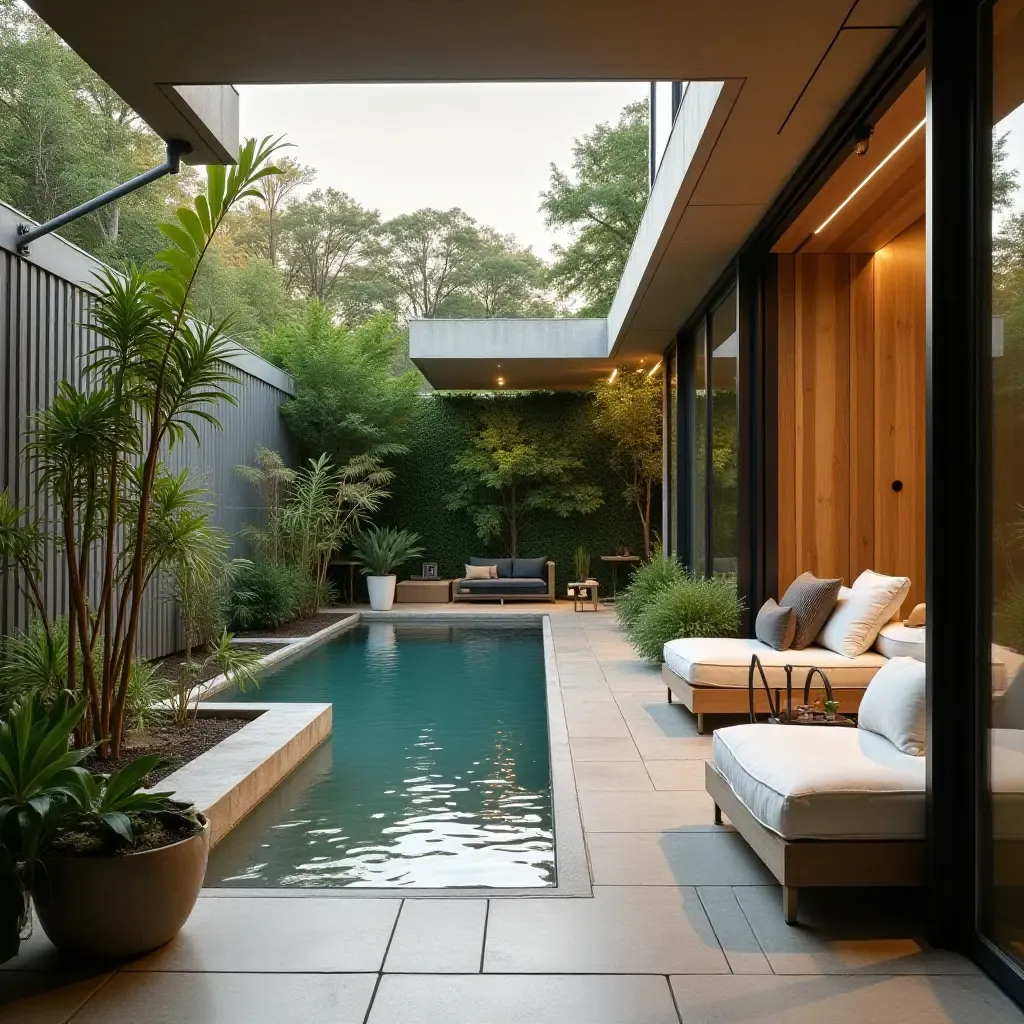 a photo of a tranquil balcony with a water feature and comfortable seating