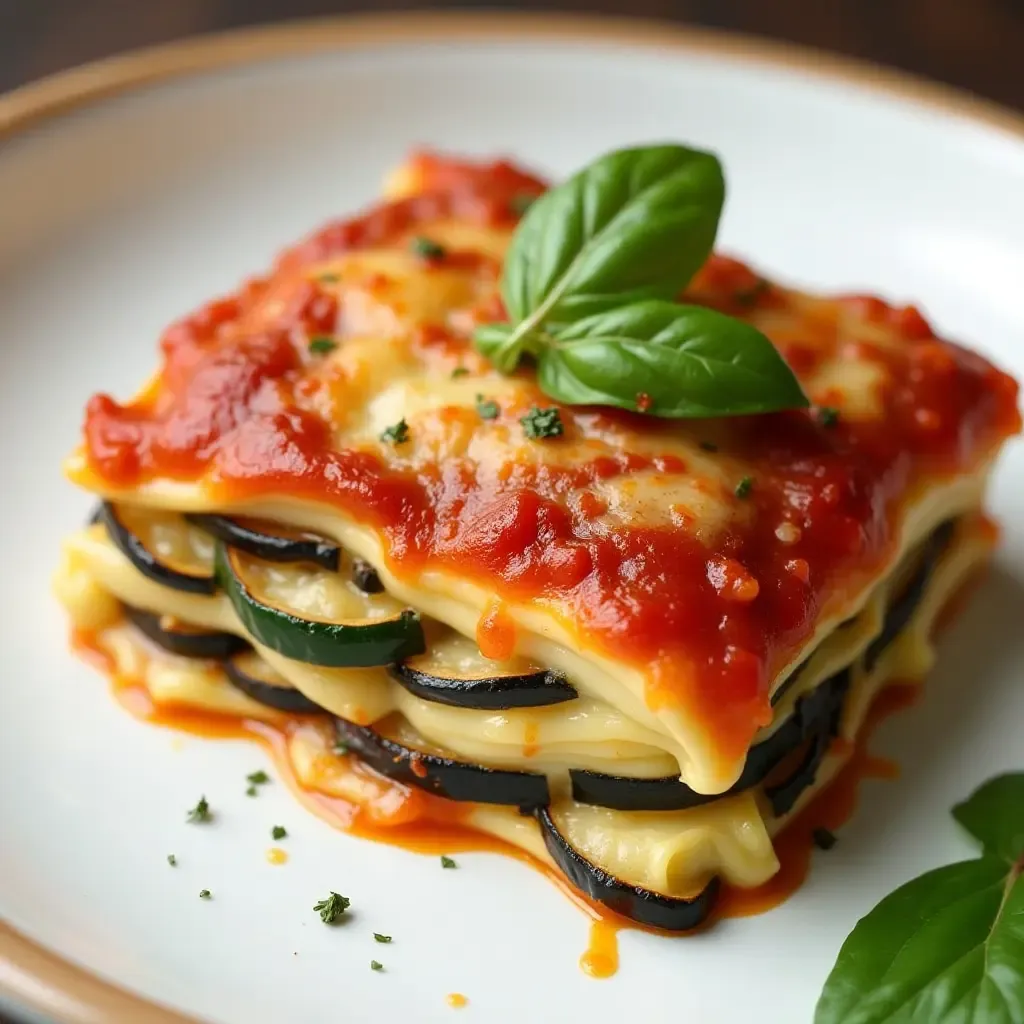 a photo of colorful vegetarian lasagna with layers of zucchini, eggplant, and ricotta.