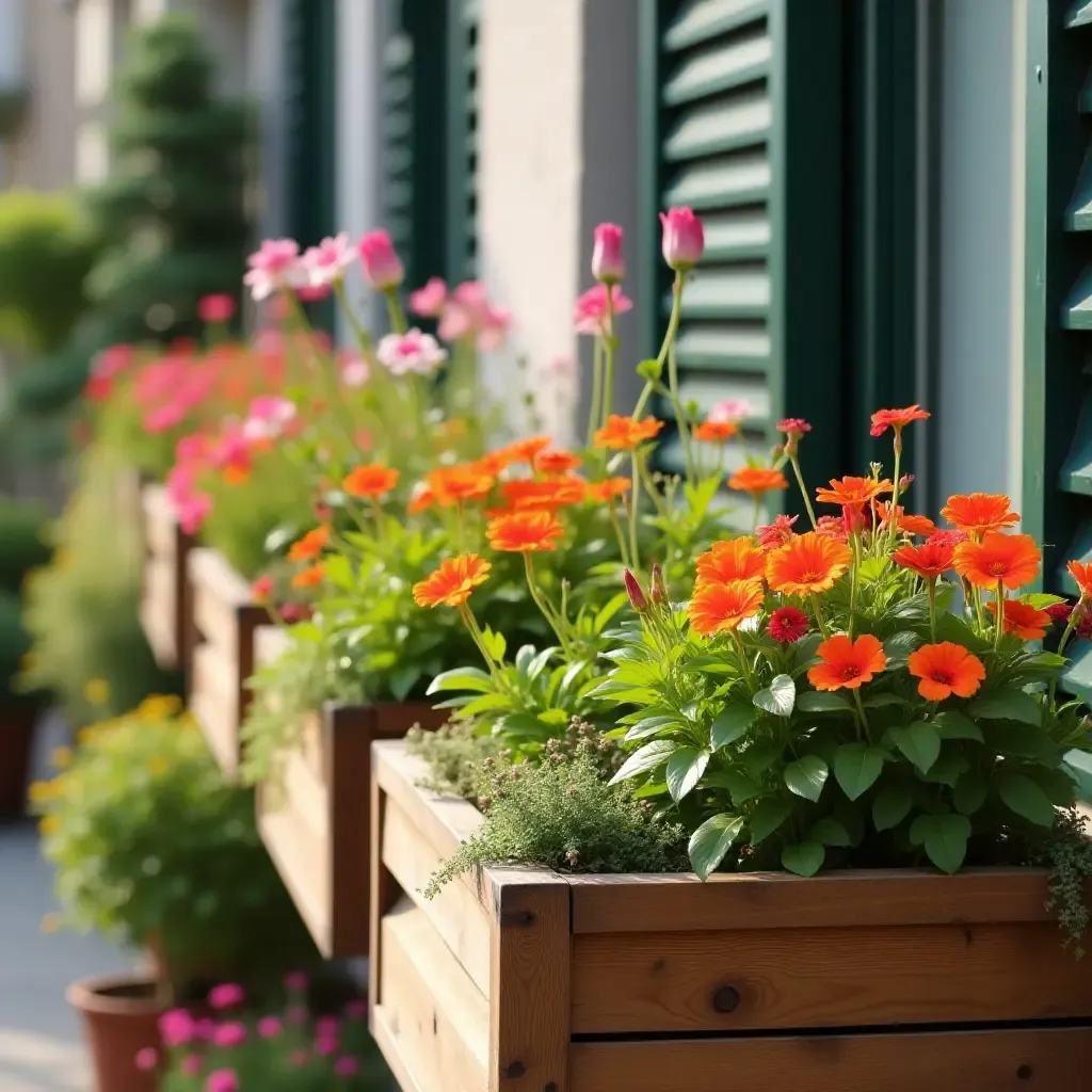 a photo of a balcony garden with wooden planters and colorful flowers