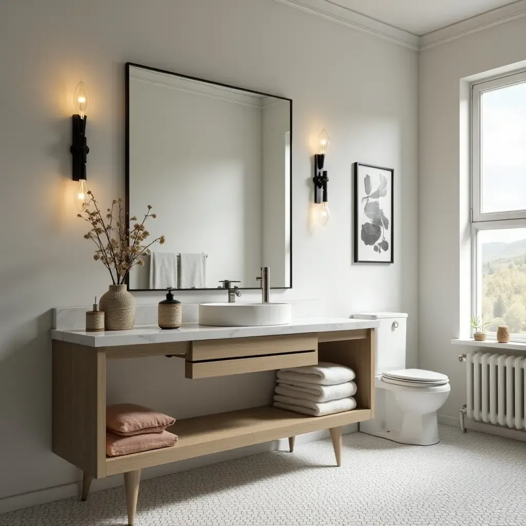 a photo of a bathroom vanity featuring a mix of modern and vintage decor