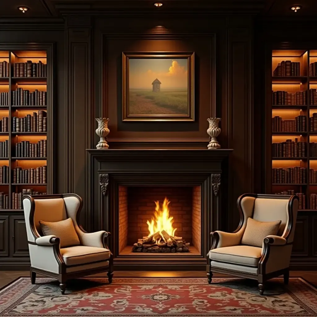 a photo of a library with a wooden fireplace and reading chairs