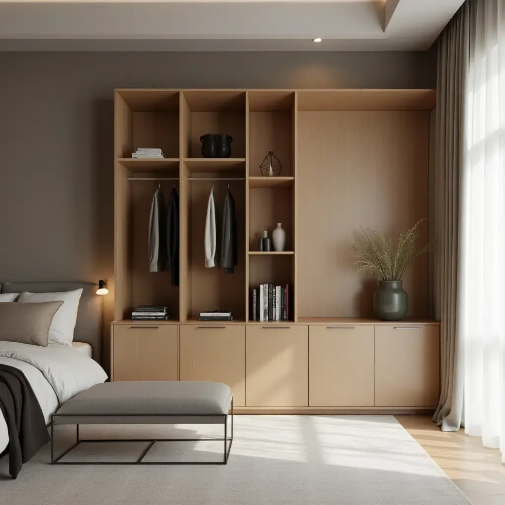 a photo of a stylish room divider with hidden storage compartments