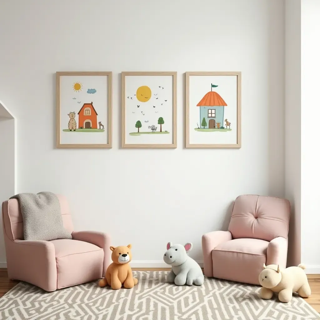 a photo of a wall of framed children&#x27;s art in a playroom