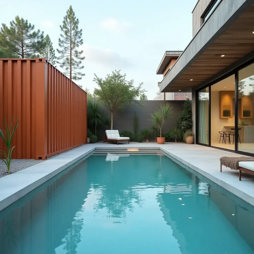 a photo of a modern pool area with artistic storage containers