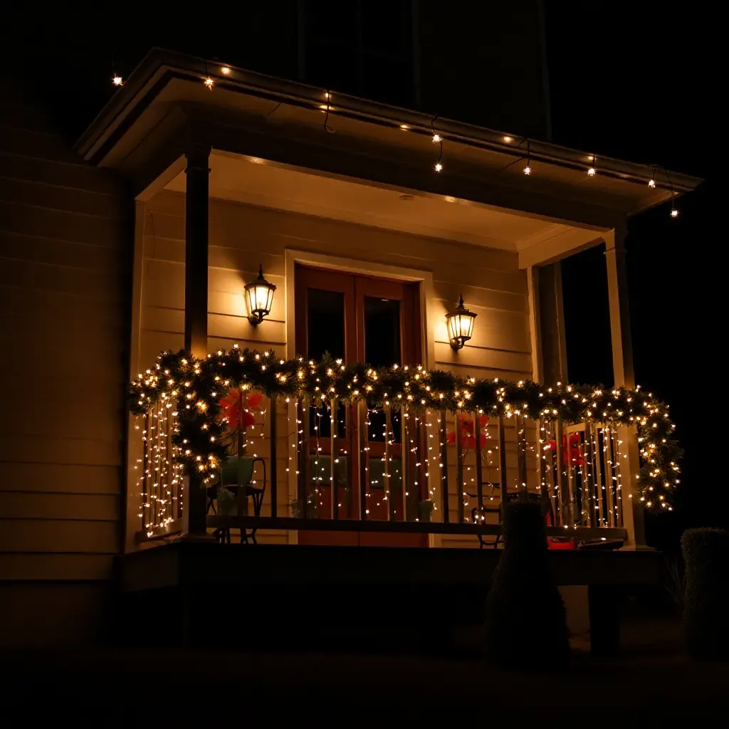 a photo of a balcony adorned with seasonal decorations and lights