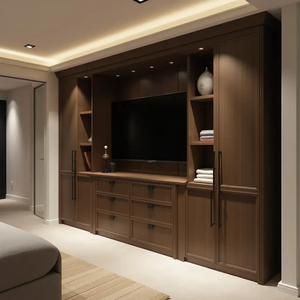 a photo of a sleek basement storage solution with hidden compartments