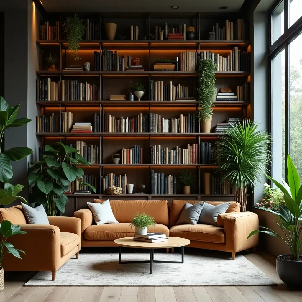 a photo of a contemporary library with a blend of indoor plants and books