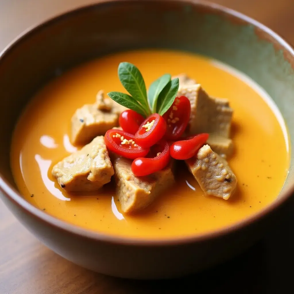 a photo of a fragrant Thai panang curry with duck and coconut cream, garnished with red chili slices.