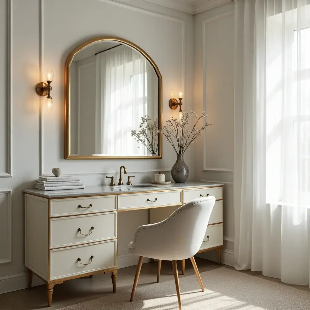 a photo of a vintage-inspired room with metallic accents on a vanity and mirrors