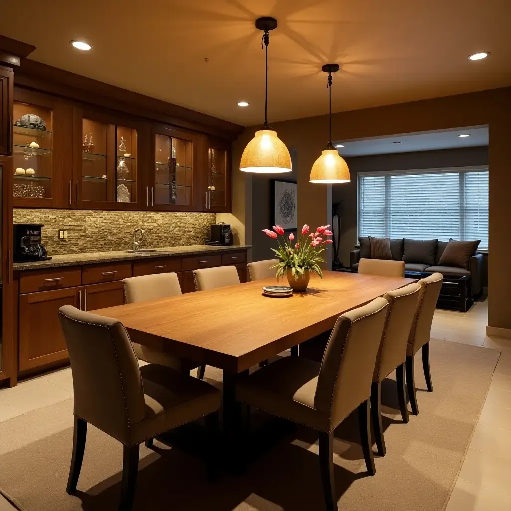 a photo of a basement dining area with expandable table and cozy ambiance