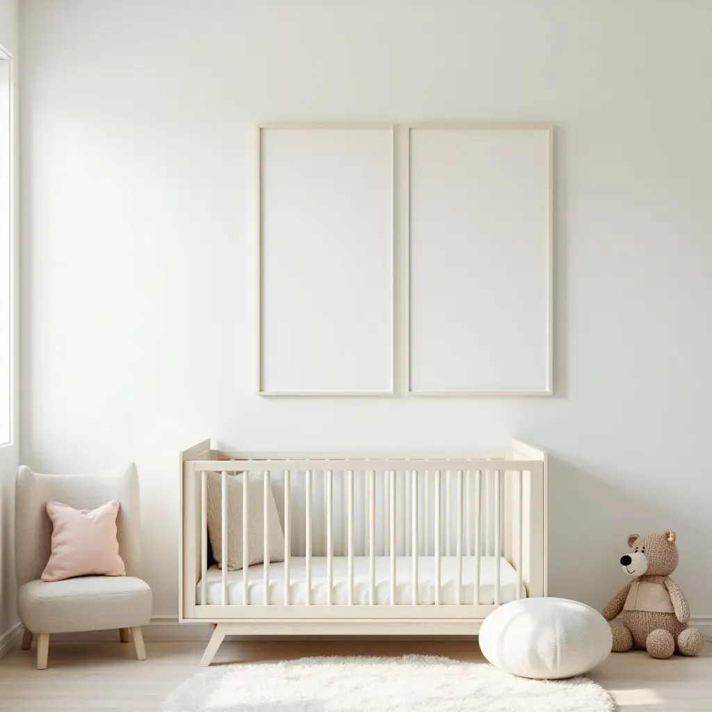 a photo of a tranquil baby room with minimalist art and soft furnishings