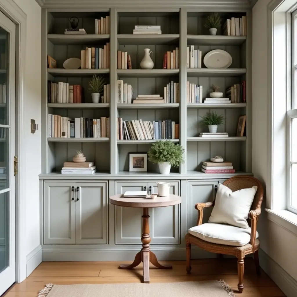 a photo of a charming library corner with a small table and farmhouse decor