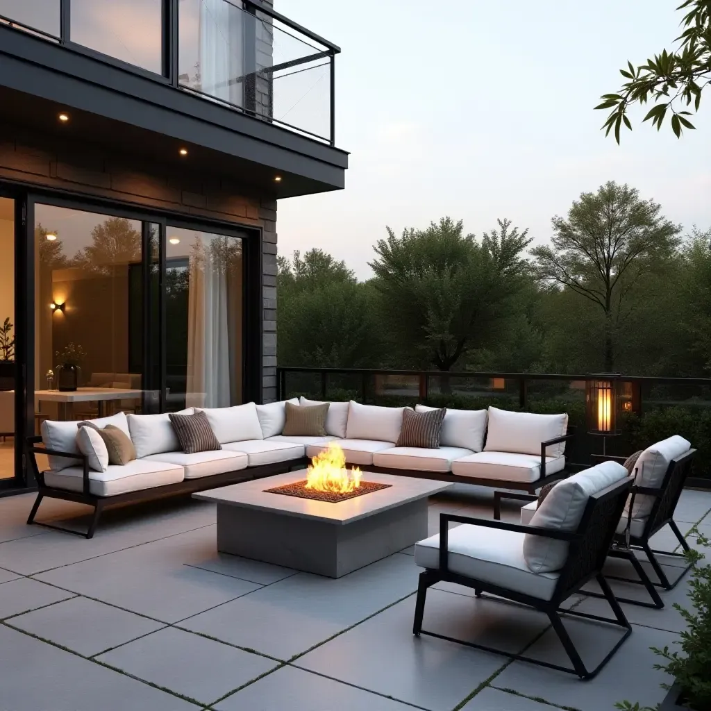 a photo of a modern balcony with a fire pit and stylish seating arrangement