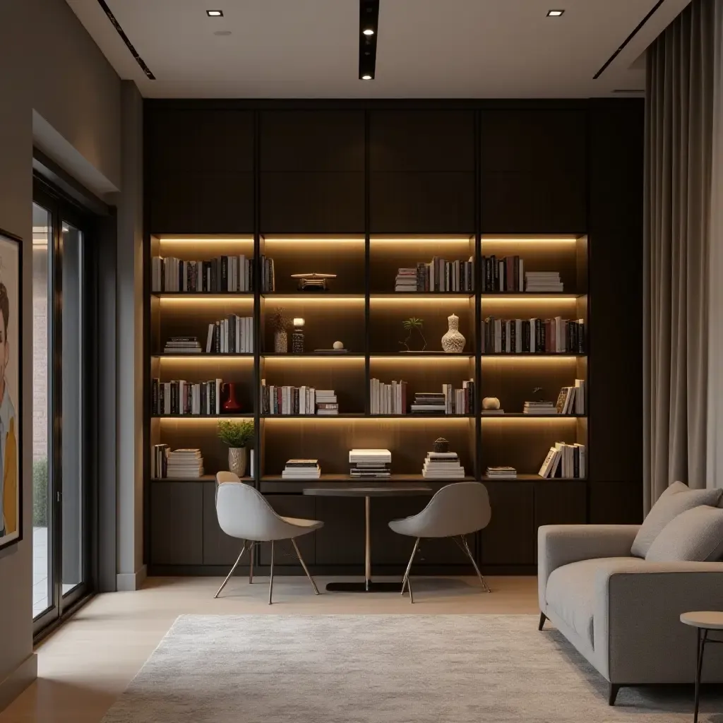 a photo of a sleek home library with integrated lighting and hidden storage