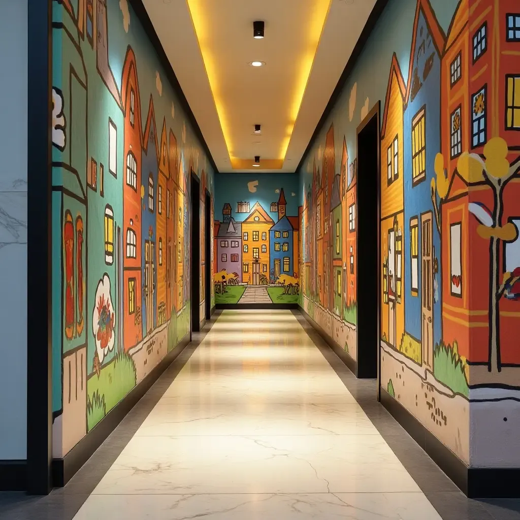 a photo of an entrance hall with a colorful mural of a whimsical cityscape