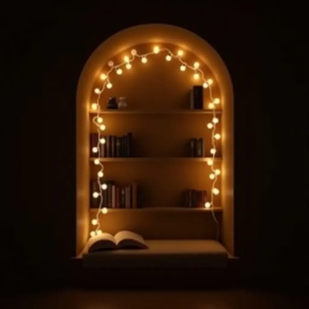 a photo of a reading nook illuminated by fairy lights for ambiance