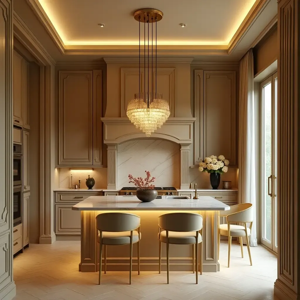 a photo of a glamorous kitchen with gold accents and elegant lighting