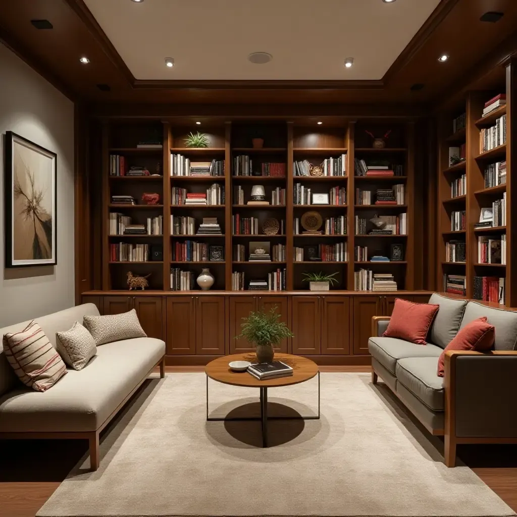 a photo of a contemporary basement library with built-in bookshelves and cozy reading nooks