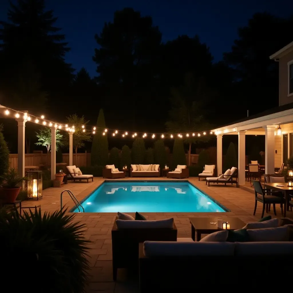 a photo of a nighttime pool party setup with fairy lights and lounge seating