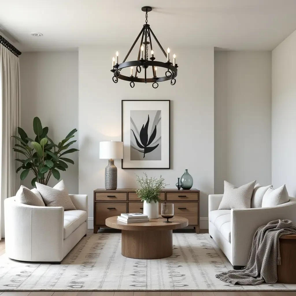 a photo of a living room with a statement farmhouse chandelier and elegant decor