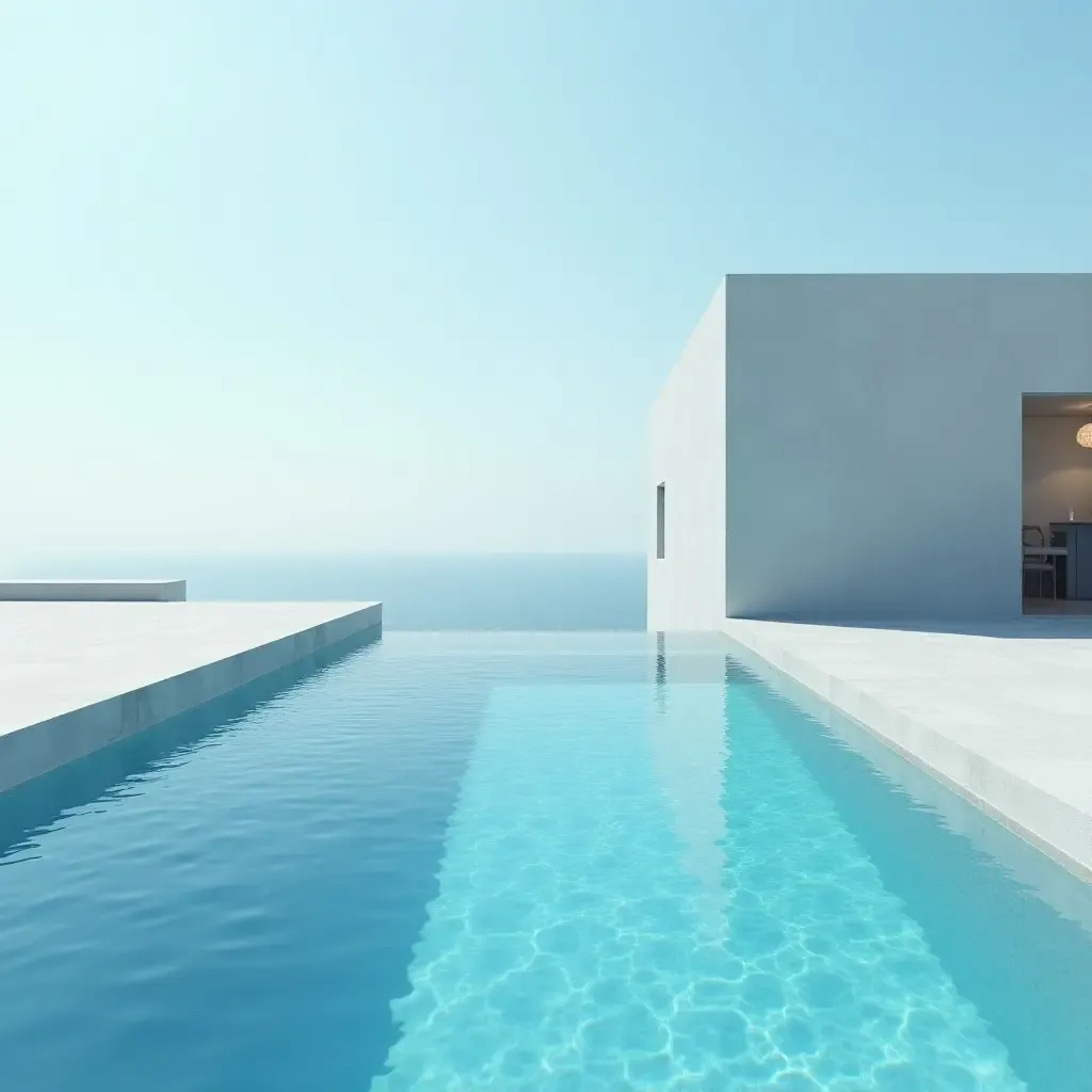 a photo of a minimalist pool with geometric shapes and clear blue water