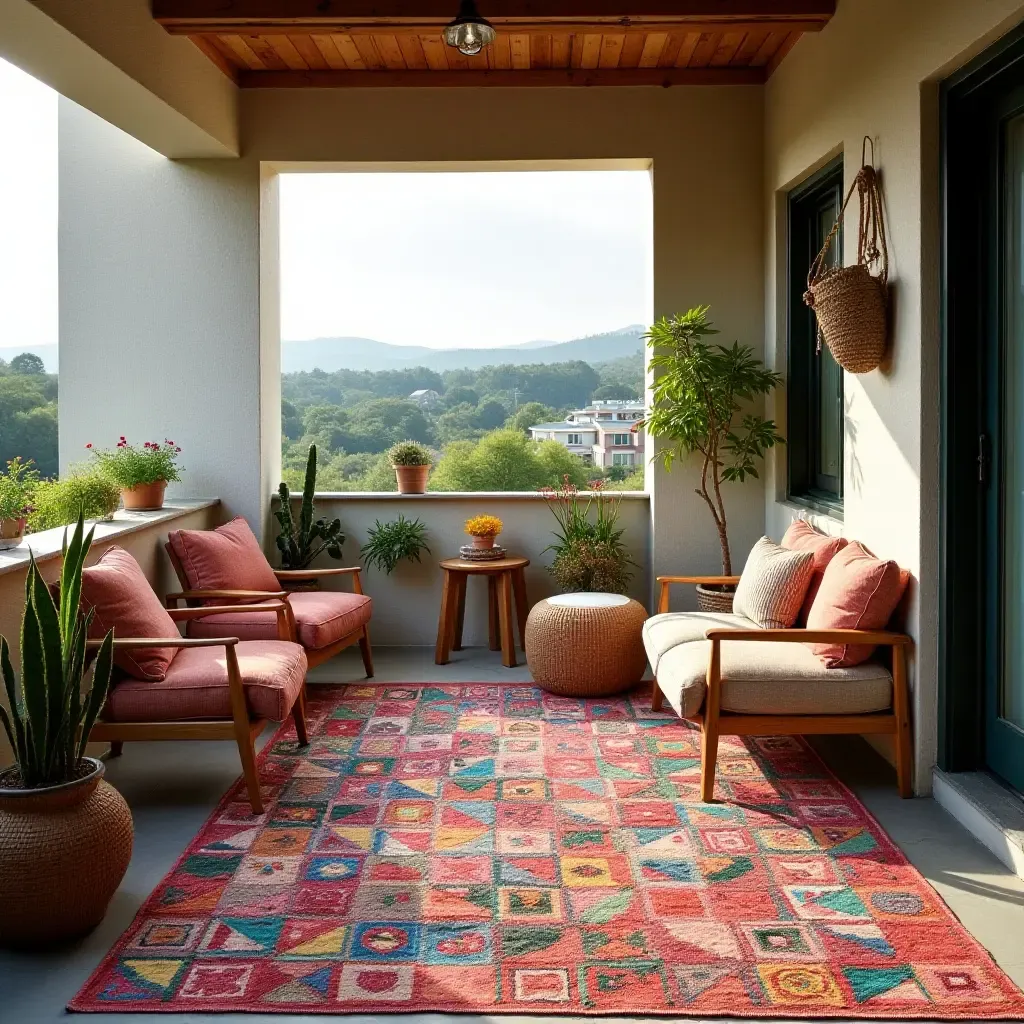 a photo of a vibrant patchwork rug on a boho-chic balcony